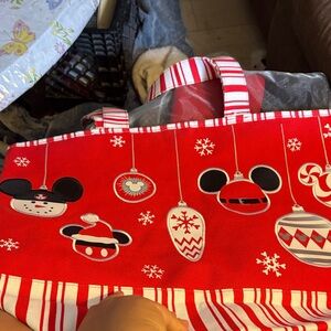 Red Holiday Tote with Mickey Mouse Ornaments